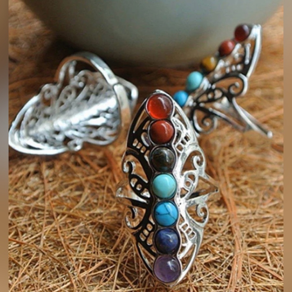 NIB Gypsy Warrior Seven Chakra Stone Ring silver Size 8